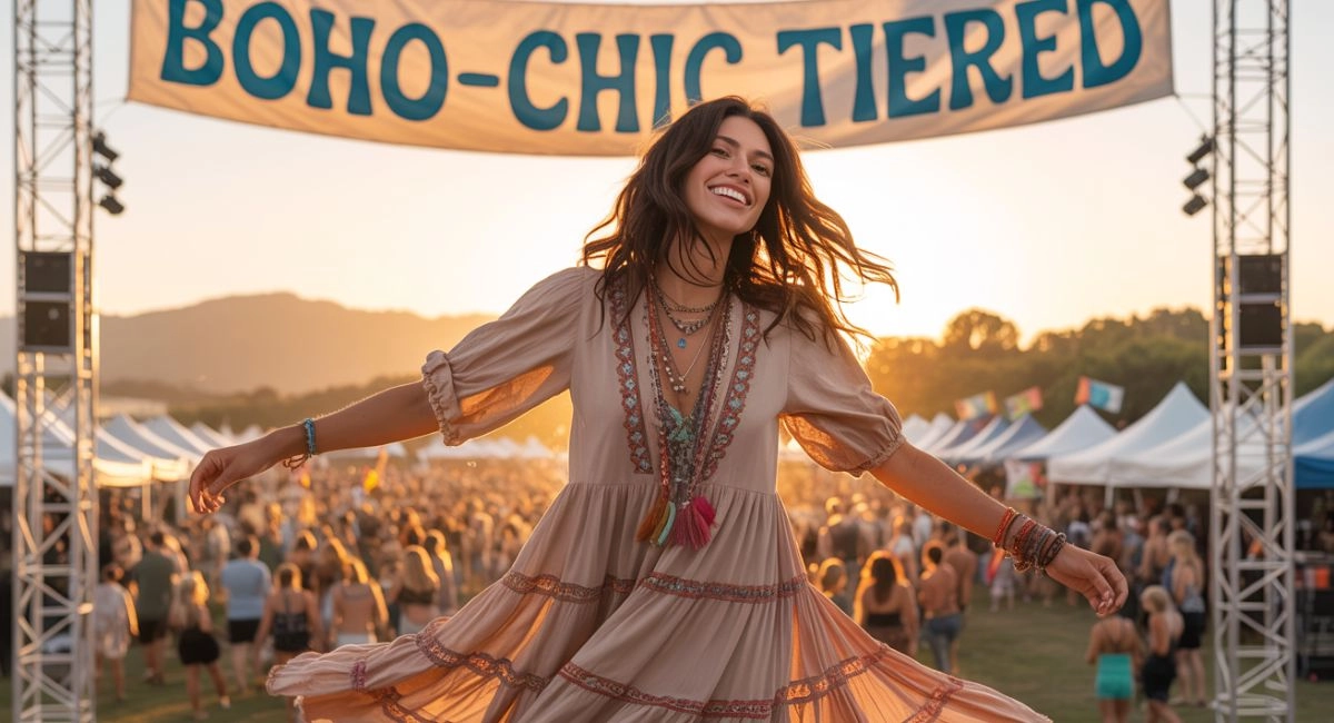 A free spirited woman in a tiered boho dress with layered necklaces