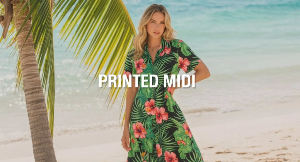 A woman wearing a bold printed midi dress with tropical patterns standing near the beach or a palm tree