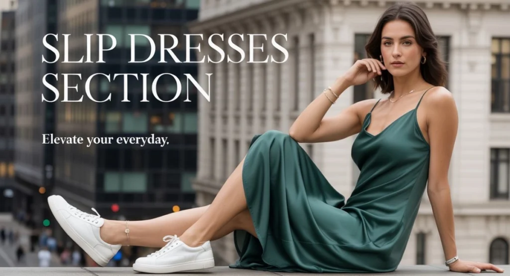 A woman wearing a silky slip dress in emerald green