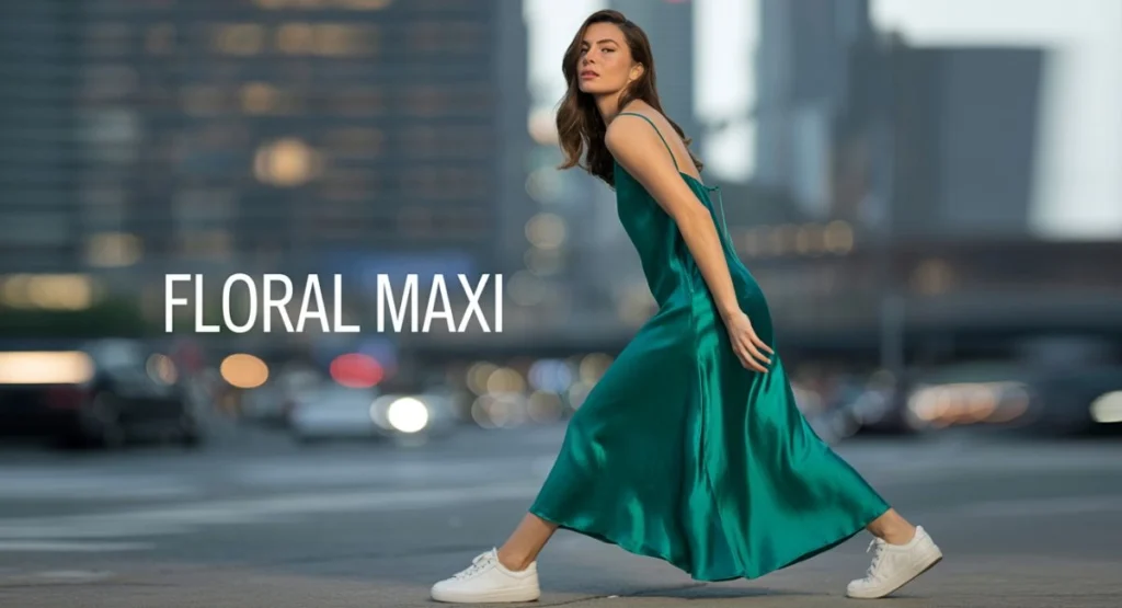 An image of a floral maxi styled casually