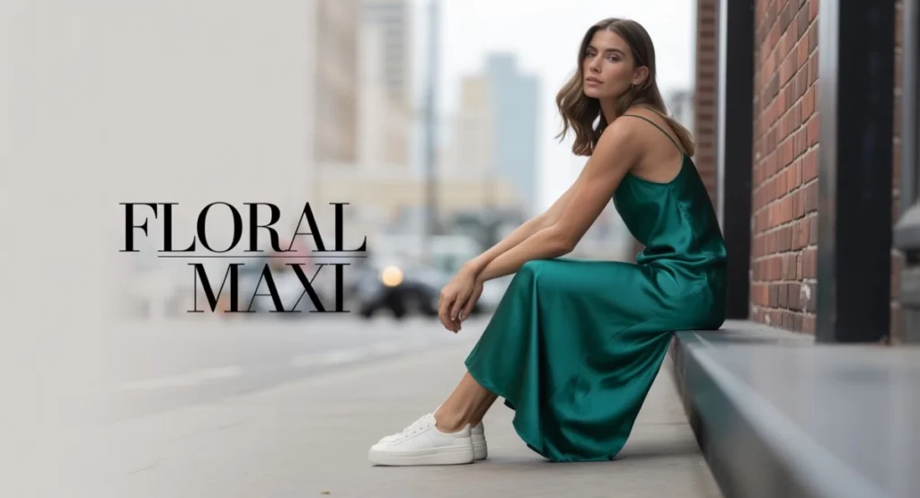 An image of a floral maxi styled casually and elegantly