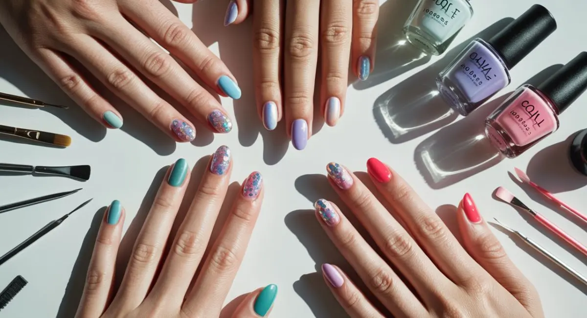 Mermaid nail polish tools and brands – Essie, chrome dust, gel kits