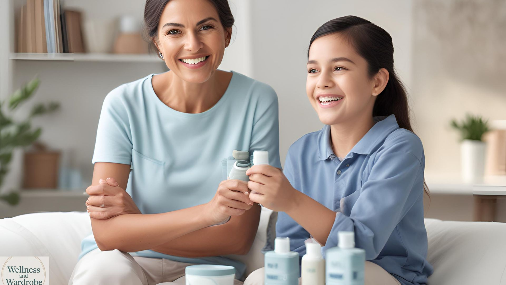 mother-and-daughter-smiling-together-with-skincare-products-in-hand Mother and daughter smiling together with skincare products in hand
