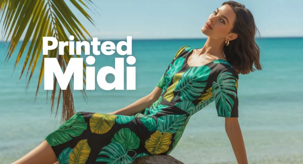 woman wearing a bold printed midi dress with tropical patterns standing near the beach or a palm tree