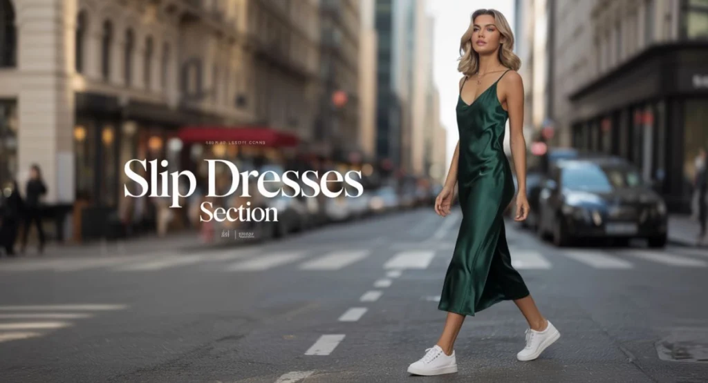 woman wearing a silky slip dress in emerald green