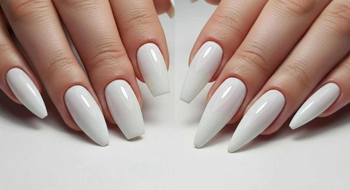 Different nail shapes including almond-shaped nails and square nails in white chrome style, perfect for chic and sophisticated manicure ideas.