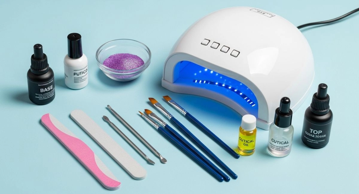  Flat lay of essential products like chrome powder, top coat, UV lamp, and nail tools used to create the perfect white chrome nails