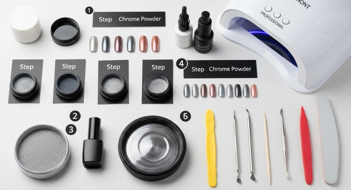  Flat lay of essential products like chrome powder, top coat, UV lamp, and nail tools used to create the perfect white chrome nails at home.