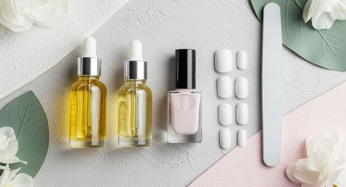 Flat lay of nail care essentials next to white chrome nails, including oil and top coat, highlighting tips for maintaining shiny nail looks.