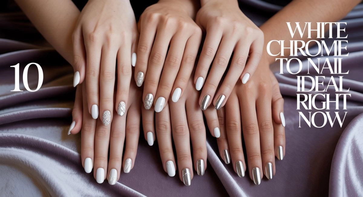 ten manicured hands elegantly displaying various white chrome nail designs.