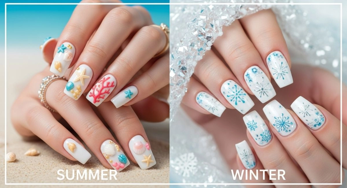 White chrome nail designs styled for summer with beach accents and for winter with snowflake themes, showing creative seasonal nail trends.