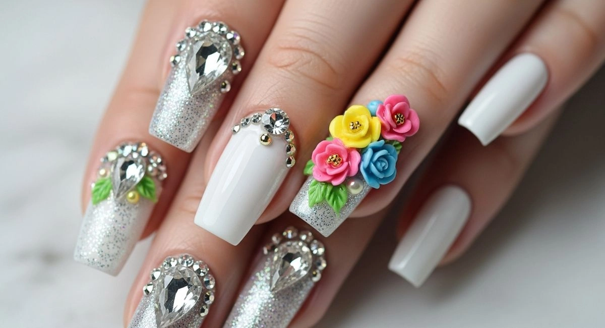  White chrome nails decorated with rhinestones, glitter, and 3D floral accents for a bold, shiny nail look that stands out at parties.