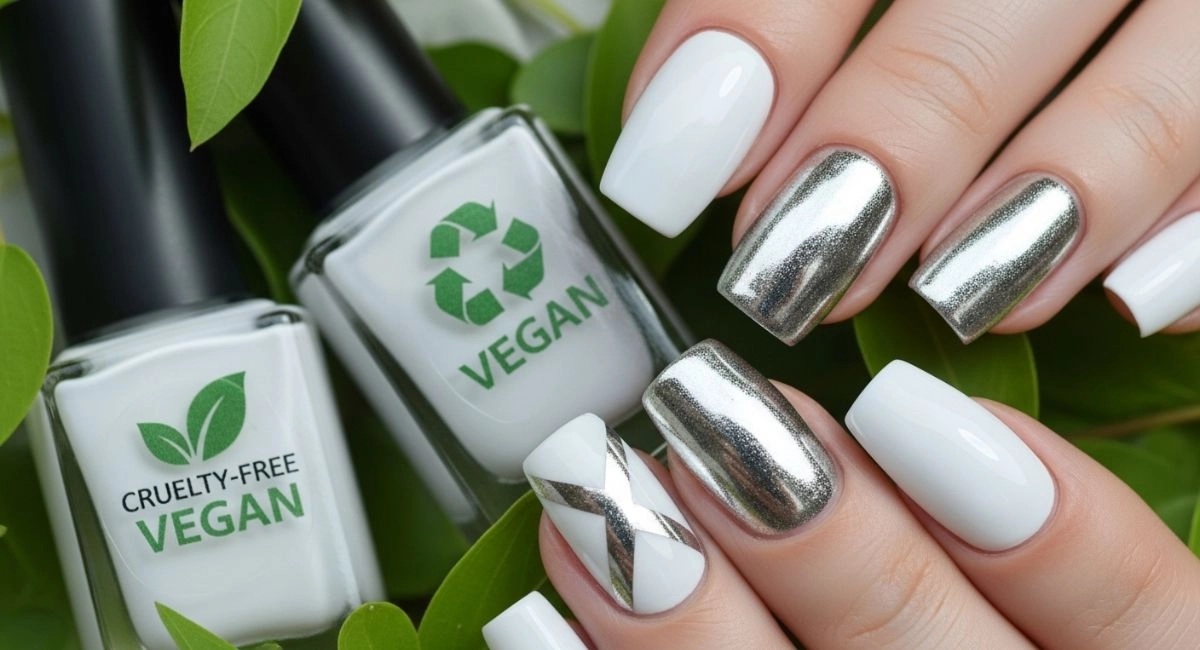 White chrome nails shown with vegan nail polish bottles and green leaves, emphasizing eco-friendly and cruelty-free nail trends.