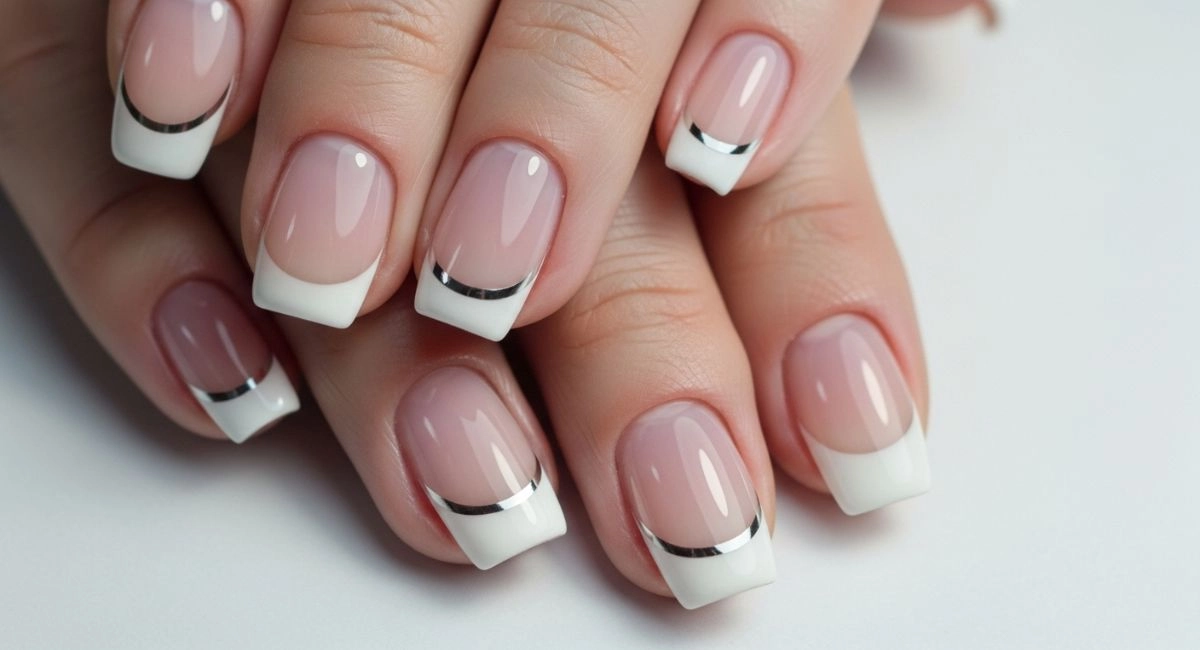 White chrome nails with modern French manicure tips, minimalistic nail inspiration perfect for weddings and sophisticated summer nail designs.
